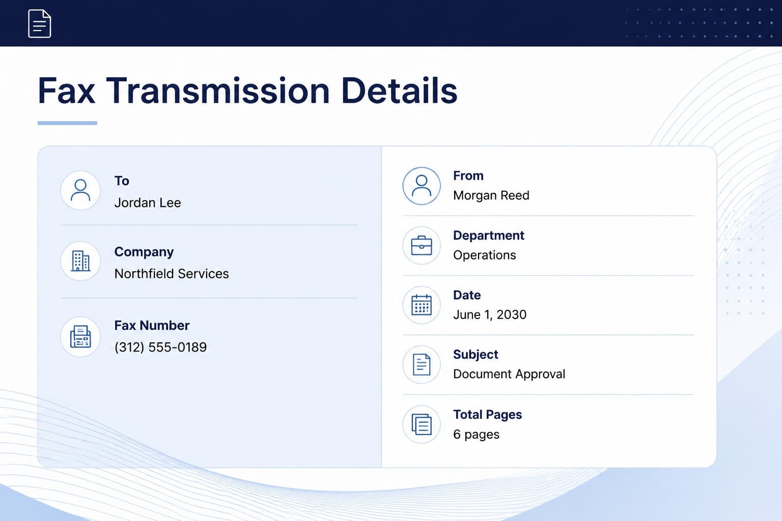 Editable fax cover sheet presentation showing recipient, sender, date, subject, and page-count fields.