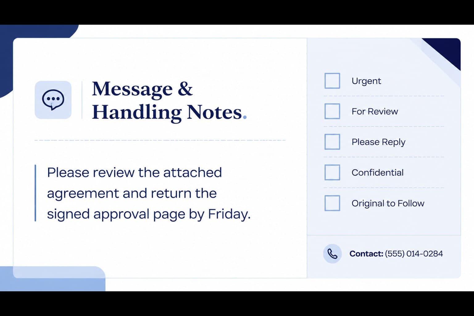Professional fax routing form with message, urgency, confidentiality, and follow-up sections in blue.