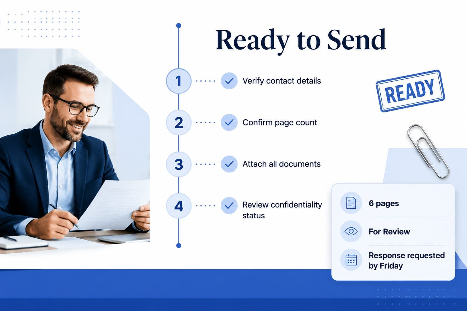 Printable fax cover slide with a ready-to-send checklist for contact details, attachments, and page count.