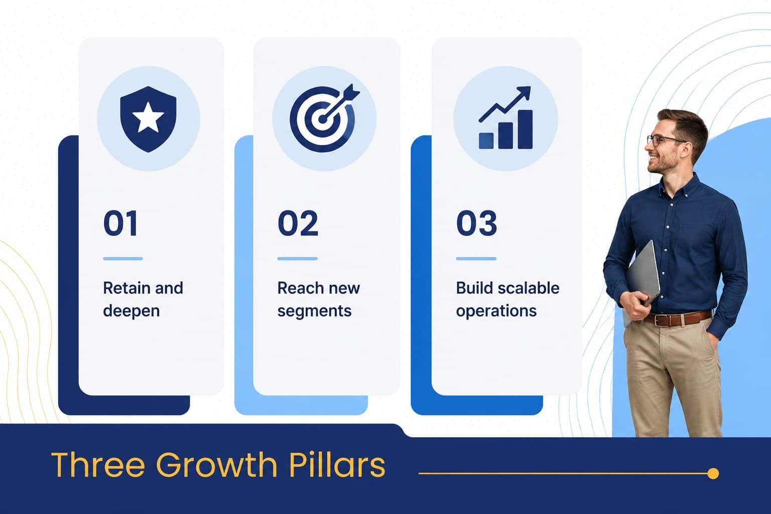 Growth pillars slide presenting three strategic themes for business expansion.