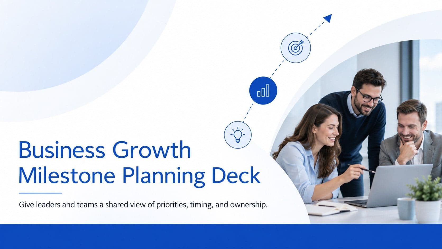 Cover for a blue and white business growth milestone planning deck with a clean corporate timeline motif.
