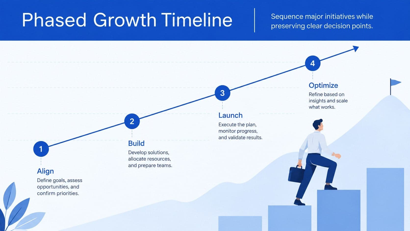 Strategic business timeline presentation showing four phases from alignment through optimization.