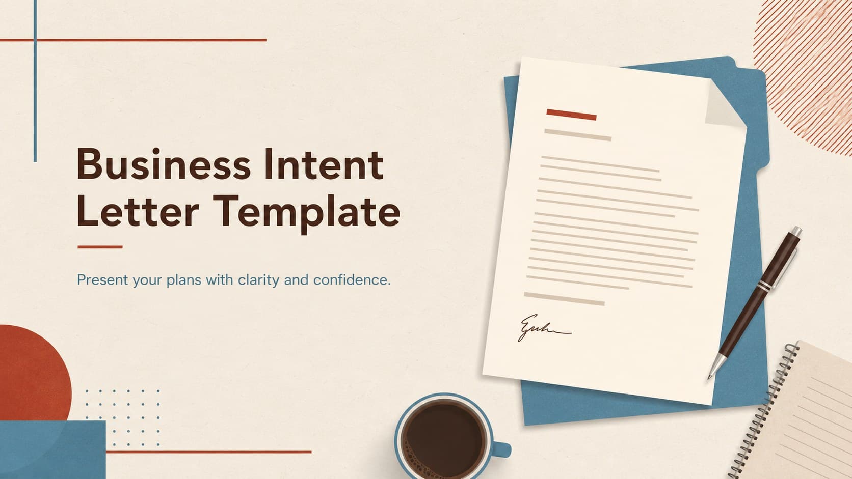 Cover of a business intent letter template with a formal title, concise subtitle, and understated beige, blue, brown, and red graphics.