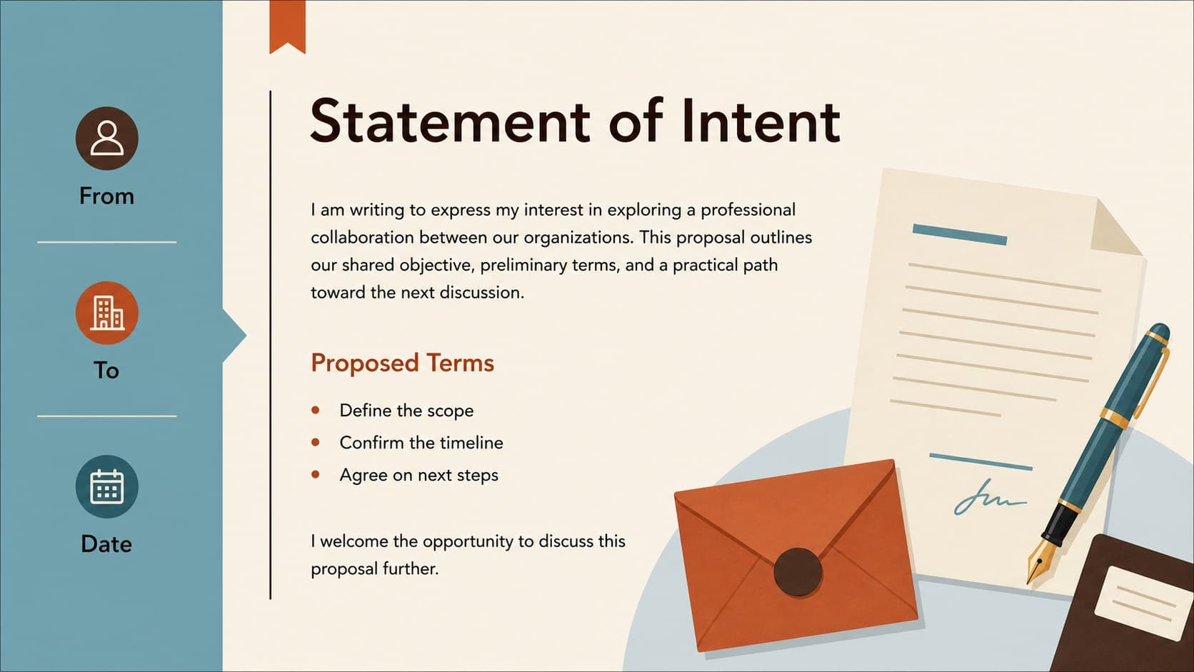 Editable letter of intent slide featuring structured sections for purpose, proposed terms, timing, and contact details.
