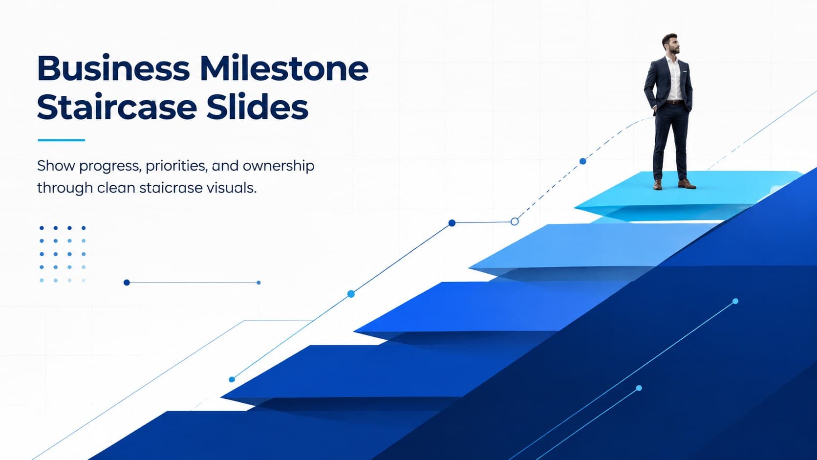 Cover for Business Milestone Staircase Slides with a minimal blue-and-white ascending step graphic.