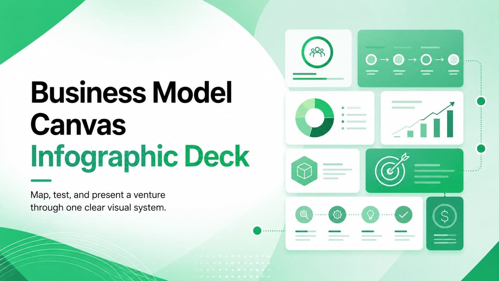 Cover for a business model canvas infographic deck with modern green gradients and structured geometric accents.