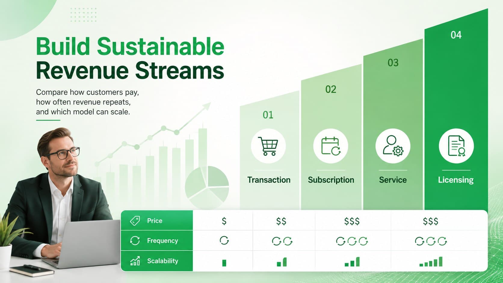 Revenue streams presentation layout comparing transaction, subscription, service, and licensing models.