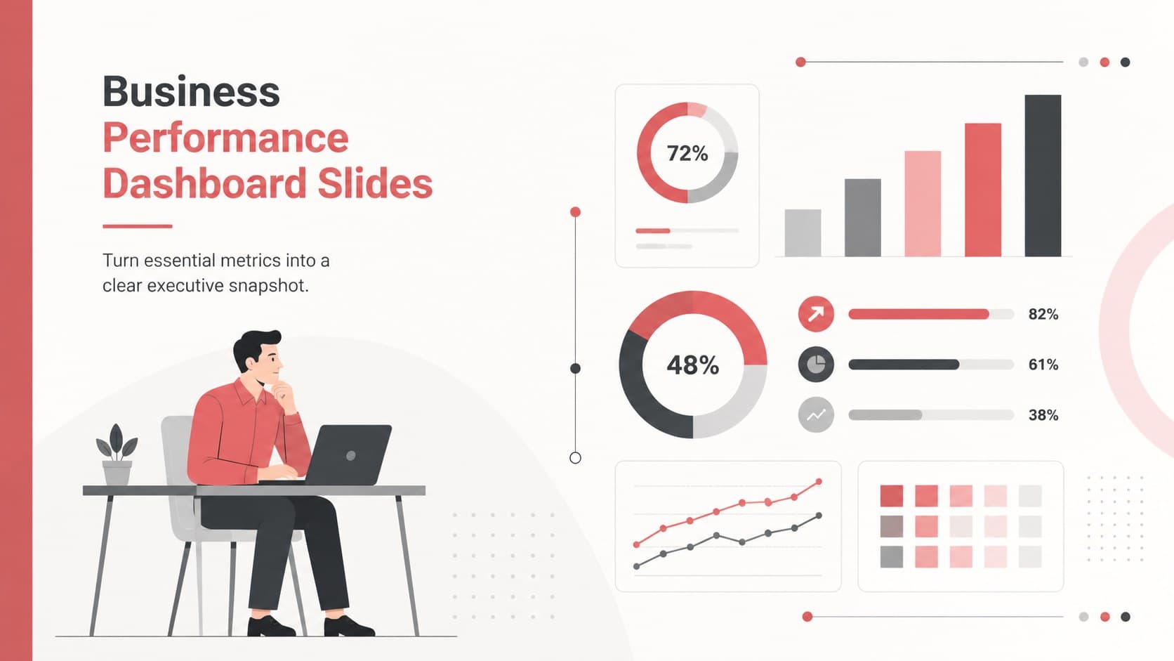 Cover for Business Performance Dashboard Slides in a minimal red corporate style with clean metric-inspired graphics.