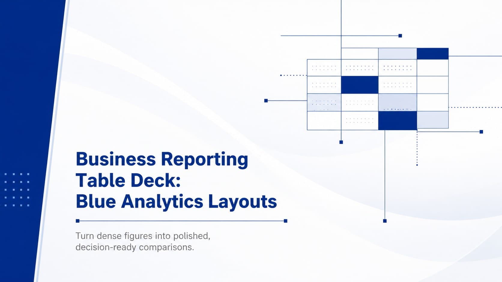 Blue and white business reporting table deck cover with a clean analytics-inspired grid.