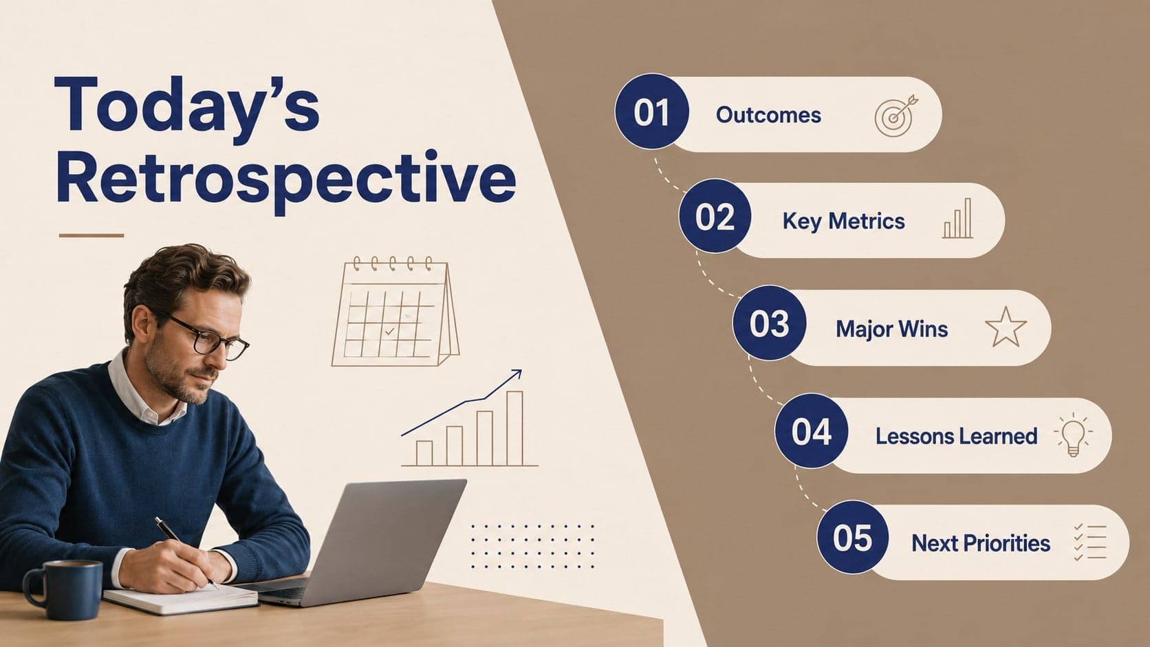 Minimal annual business retrospective presentation agenda with five discussion sections.