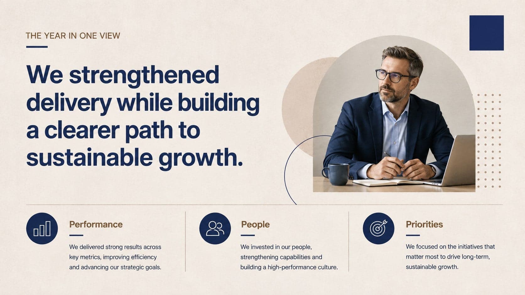 Executive results recap template slide summarizing the year's central business outcome.