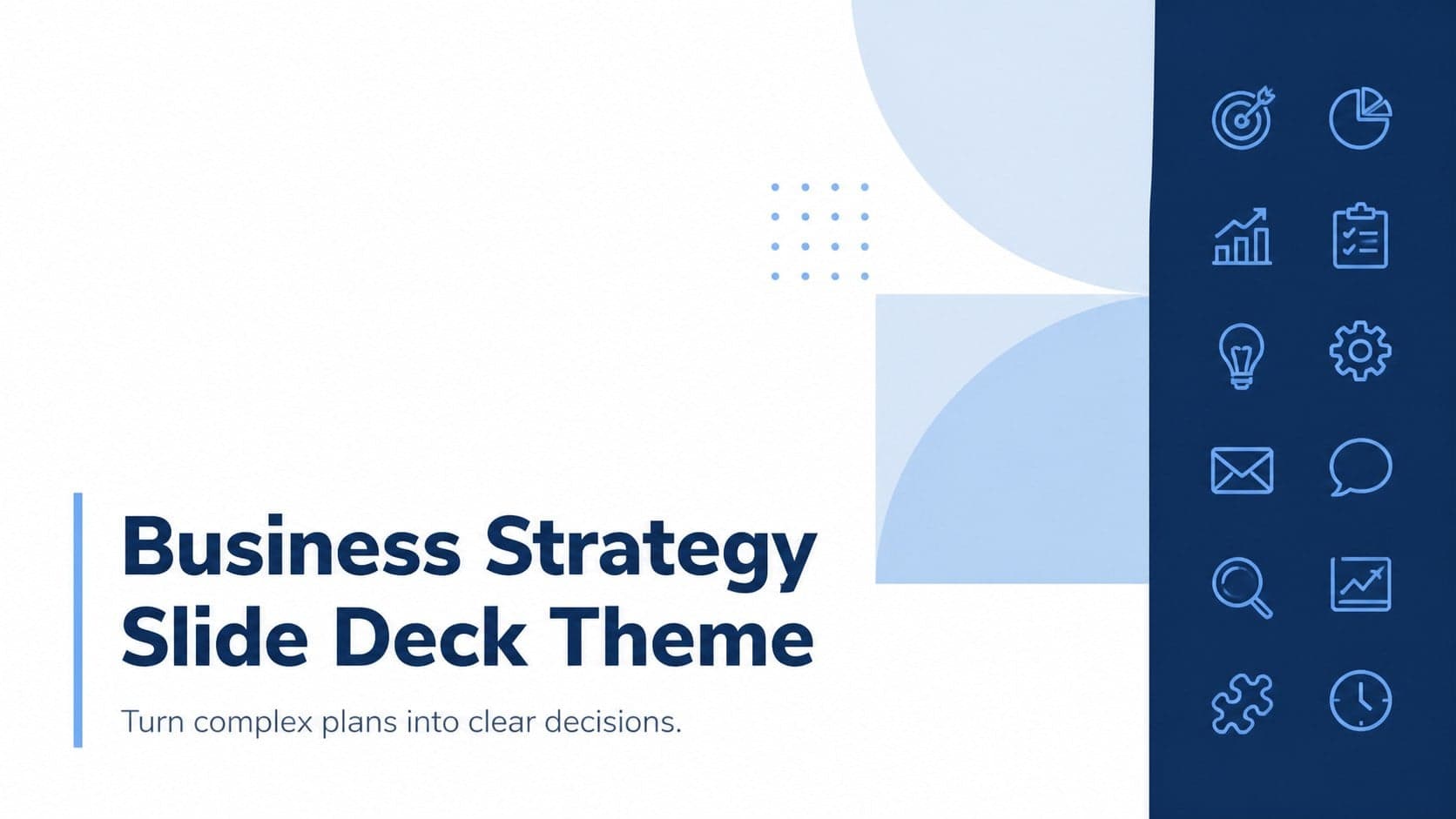 Blue business strategy slide deck cover with a modern title layout and subtle geometric icons.