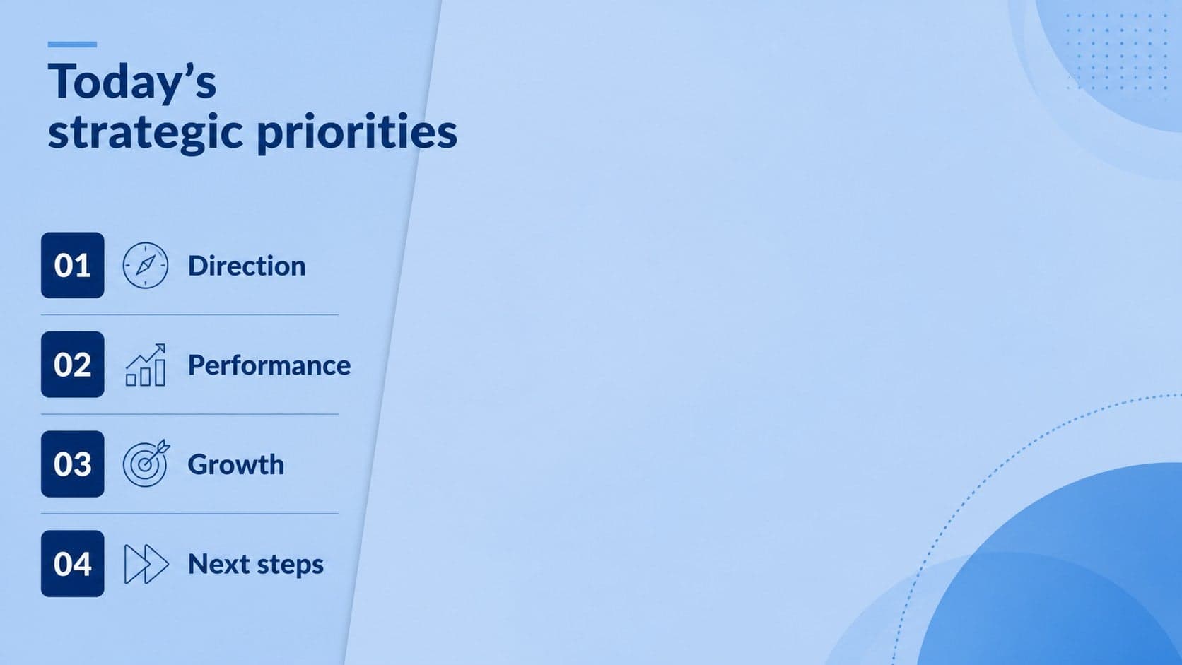 Strategy presentation agenda slide showing a clean blue roadmap of business priorities.