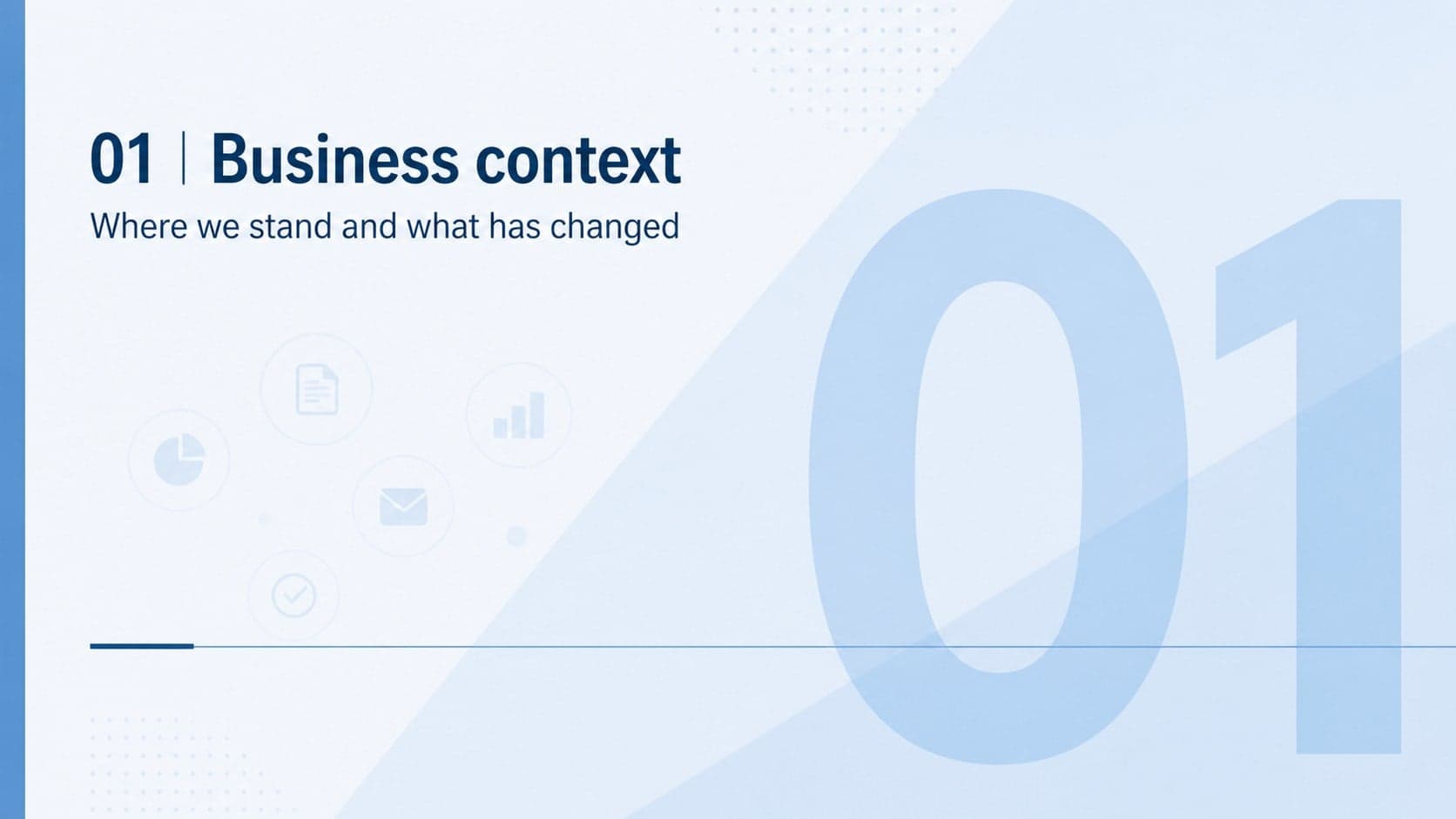 Blue executive presentation section divider introducing the business context and current position.