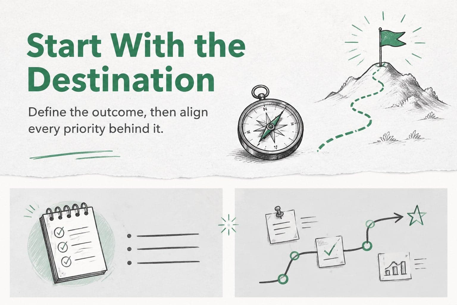 Strategy overview slide showing business goals, focus areas, and a visual planning framework.
