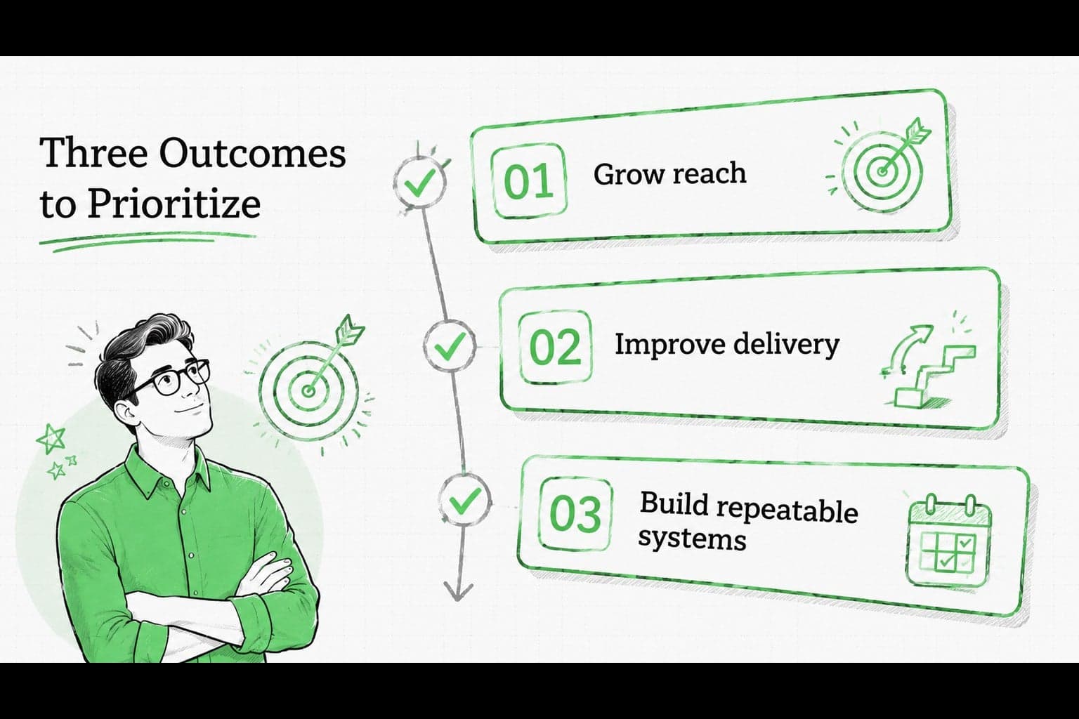 Business goals slide with three measurable objectives arranged in a green and grey infographic layout.