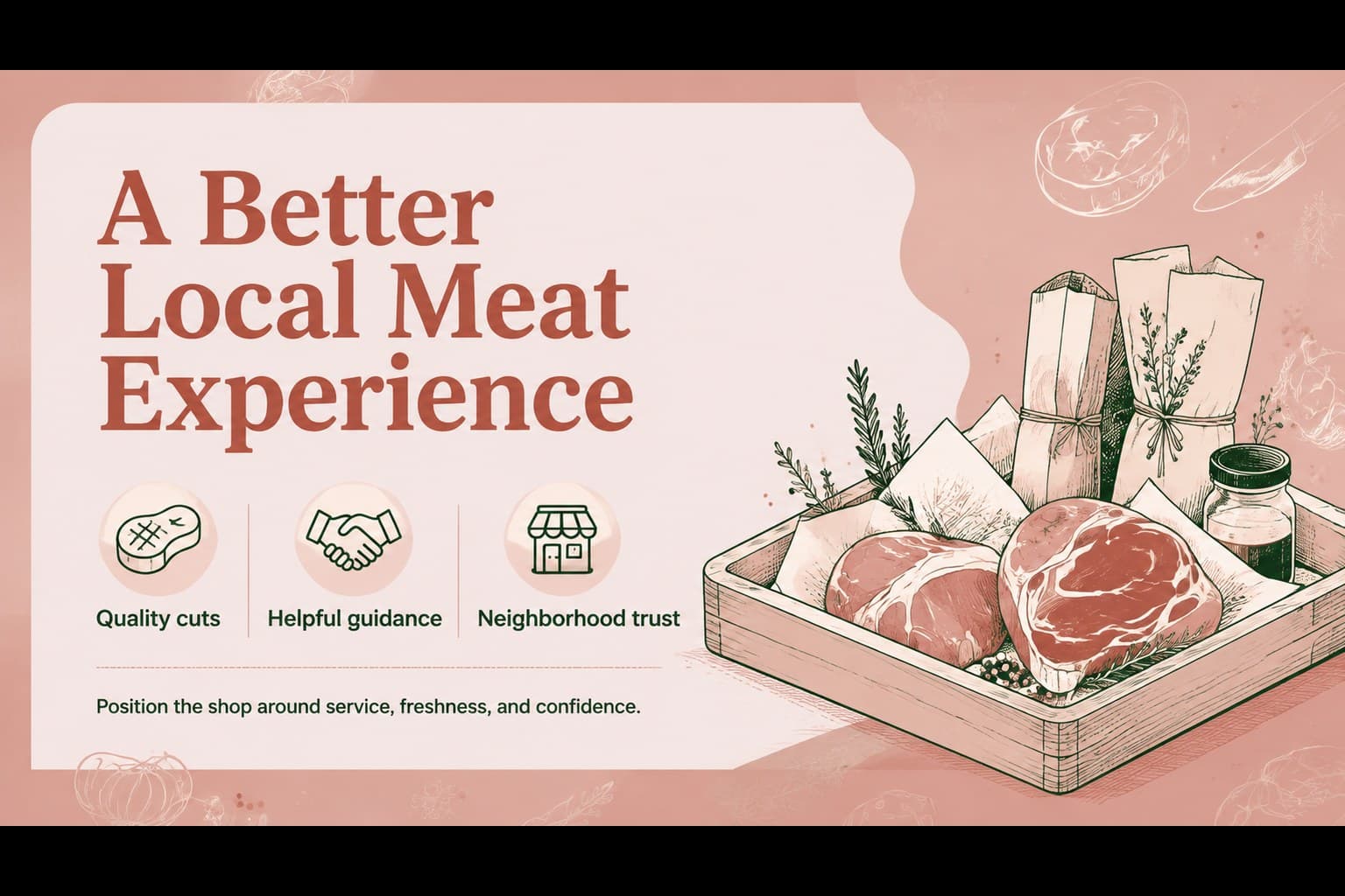 Business concept slide describing the positioning of a specialty butcher shop.
