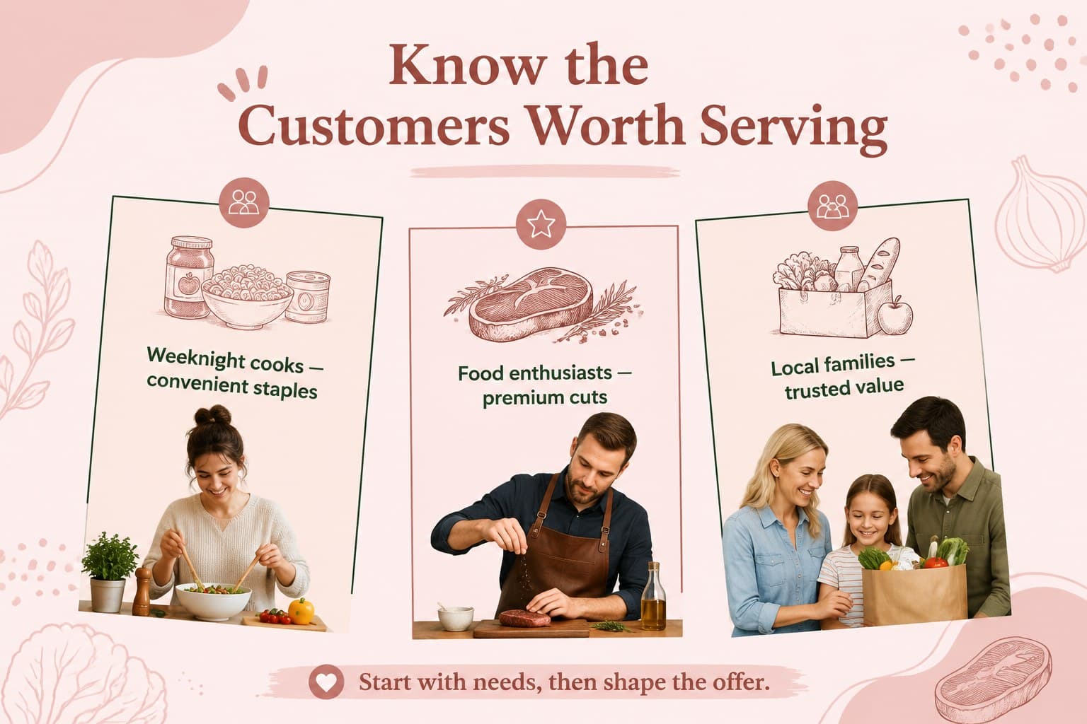 Customer profile slide mapping audiences for a meat market business growth plan.