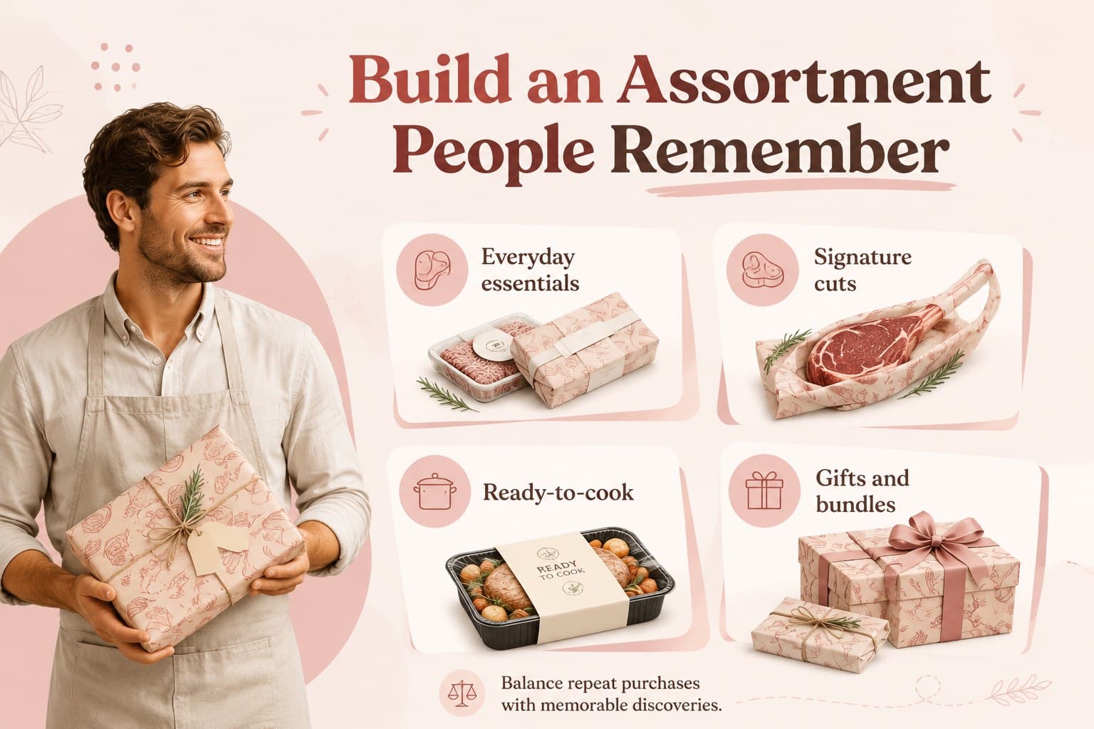 Product assortment slide showing offerings for a specialty butcher investor pitch.