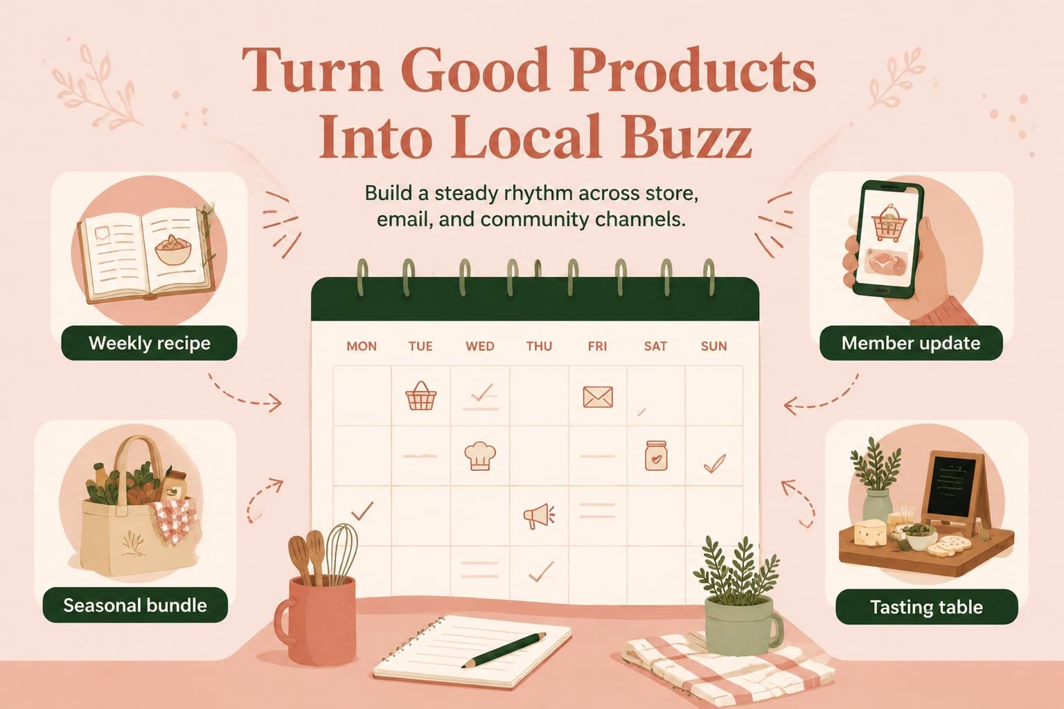 Promotion slide outlining a butcher shop marketing strategy with illustrated campaign ideas.