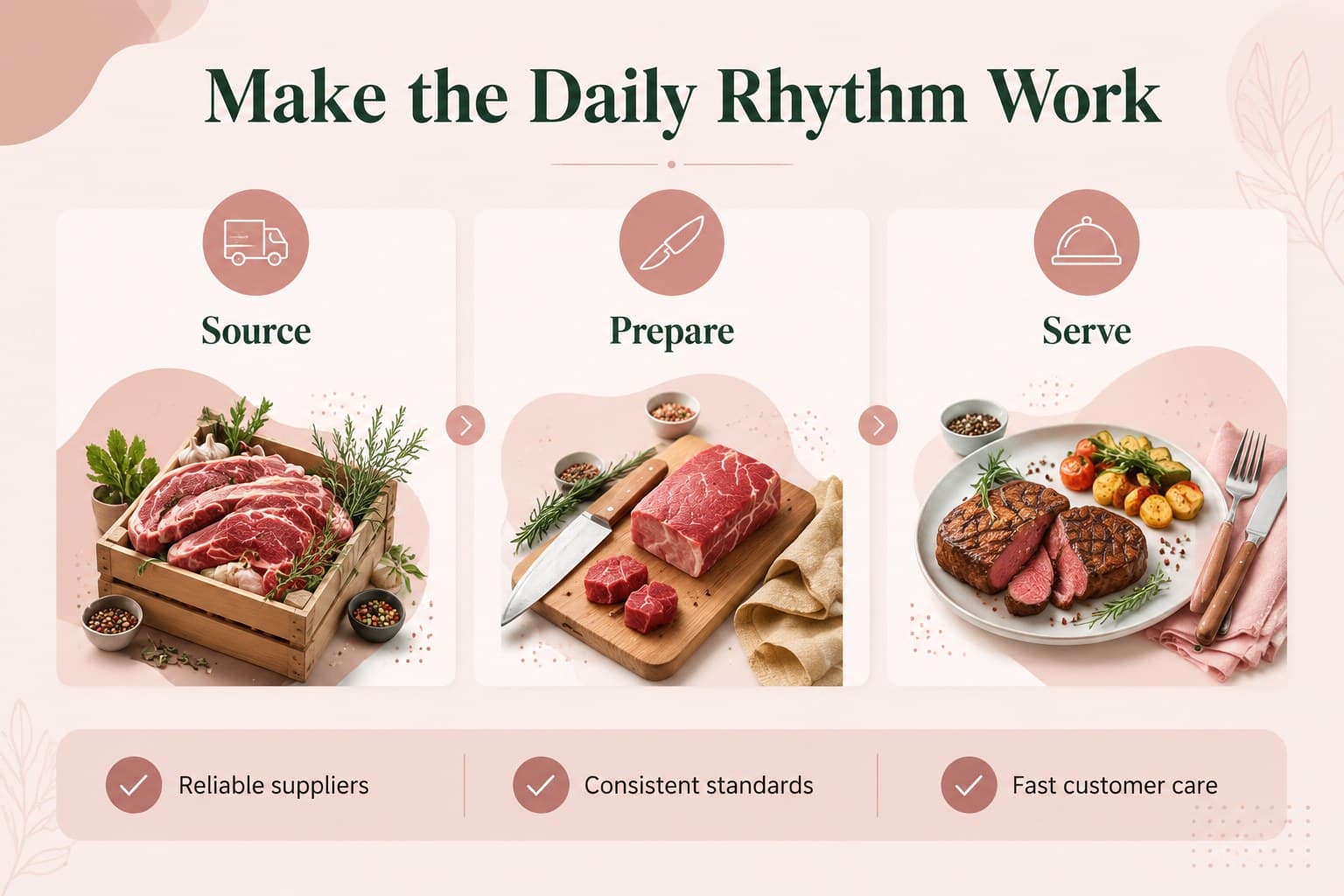 Operations slide organizing suppliers, preparation, and service for a butcher shop launch presentation.