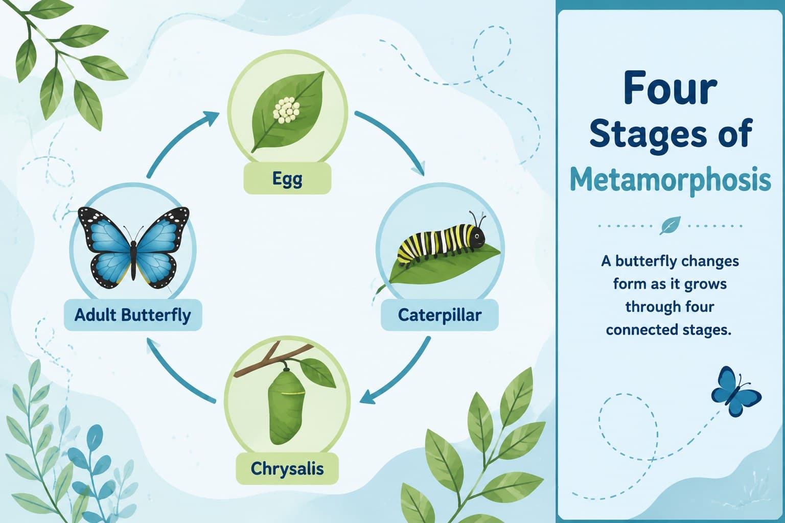 Butterfly life cycle classroom slide showing egg, caterpillar, chrysalis, and adult stages in a circular diagram.