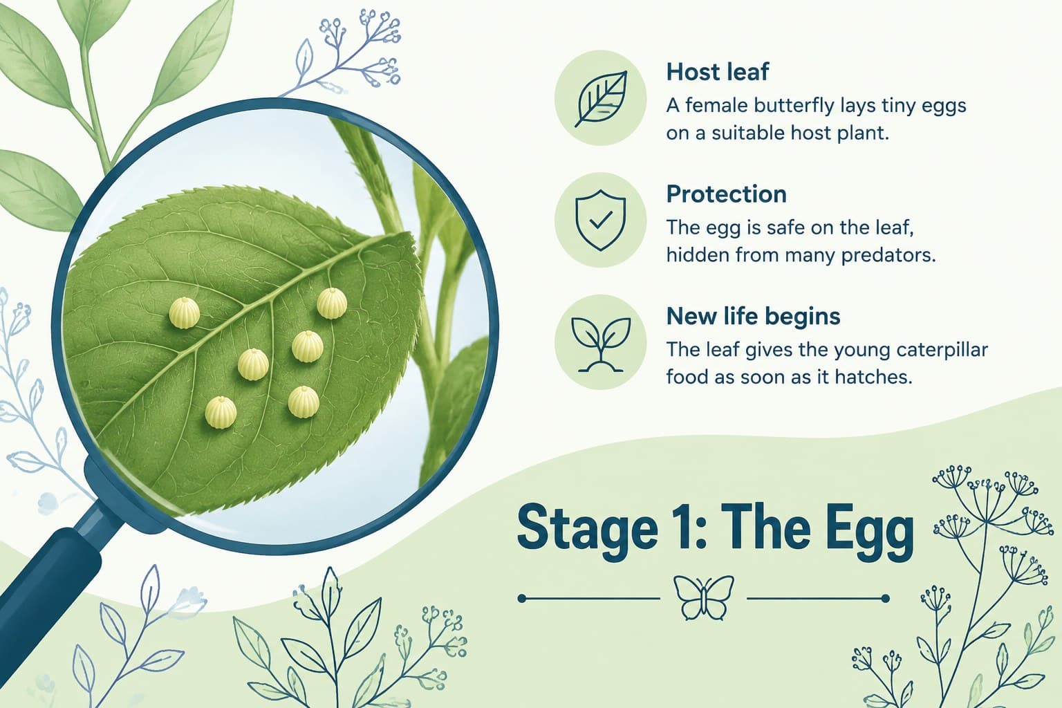 Elementary butterfly science lesson slide explaining how eggs begin the metamorphosis cycle.