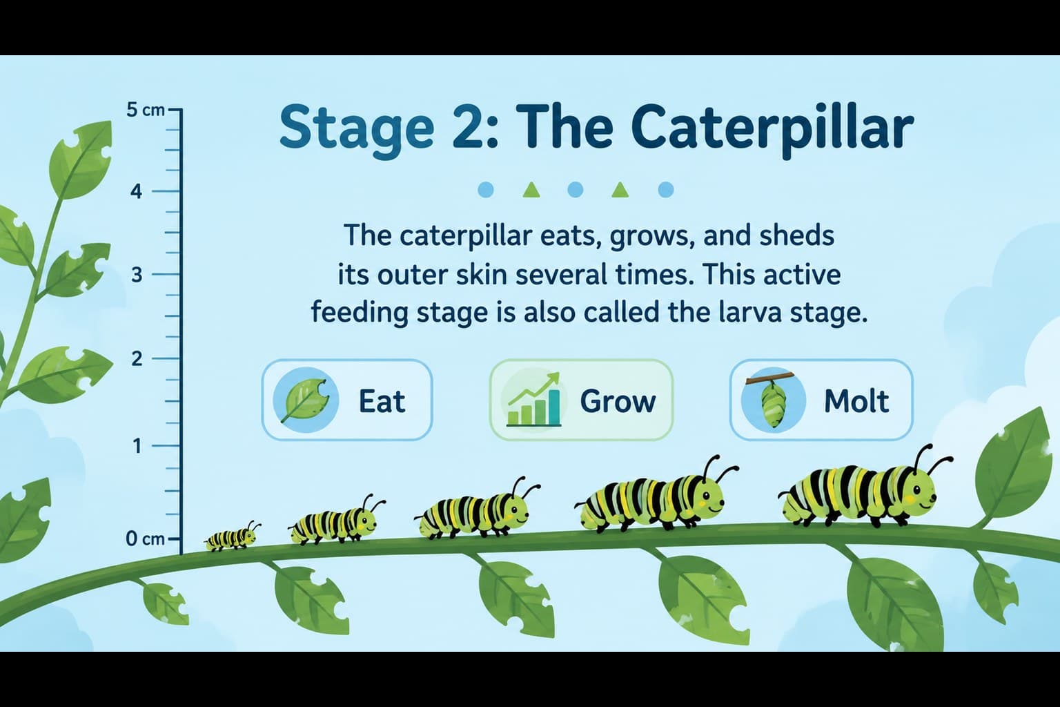 Insect metamorphosis teaching presentation slide about the caterpillar growth stage.
