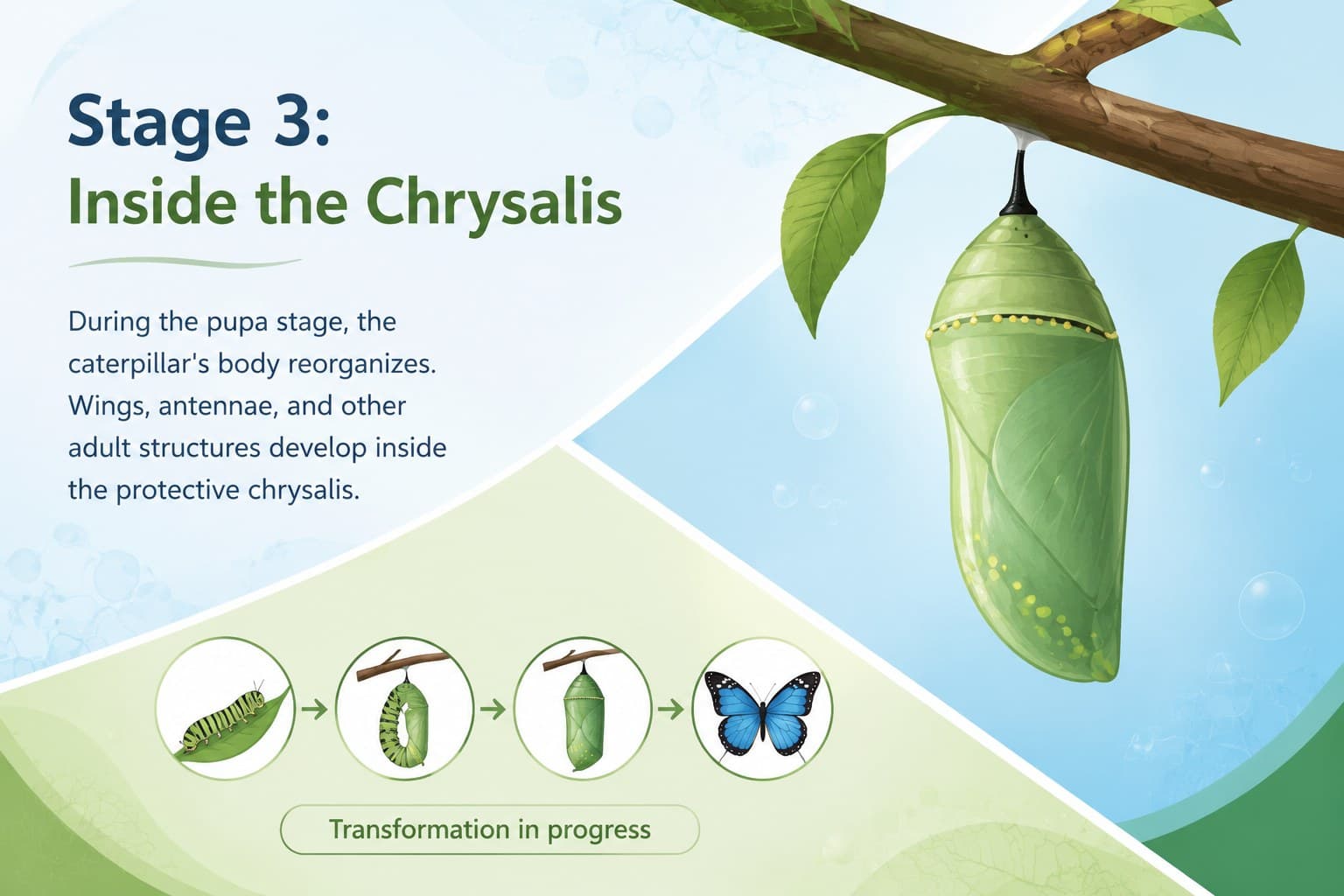 Butterfly metamorphosis infographic slide describing transformation inside the chrysalis.