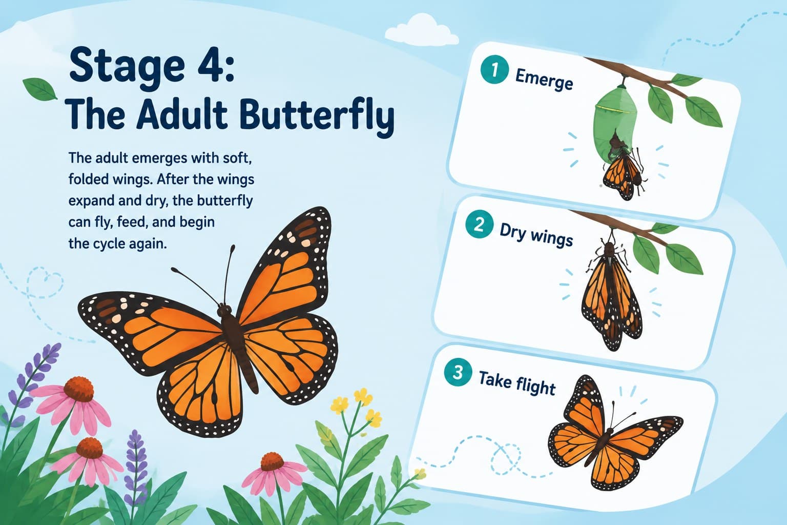 Butterfly growth cycle presentation slide showing an adult butterfly emerging with new wings.