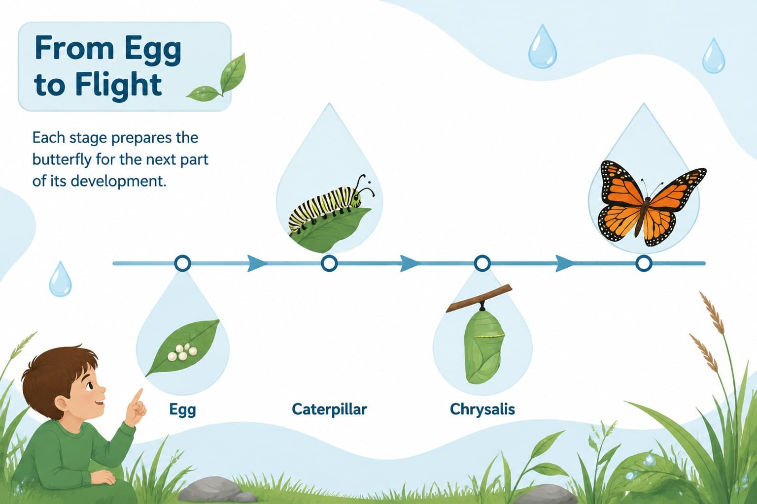 Editable butterfly stages diagram arranged as a horizontal classroom timeline.