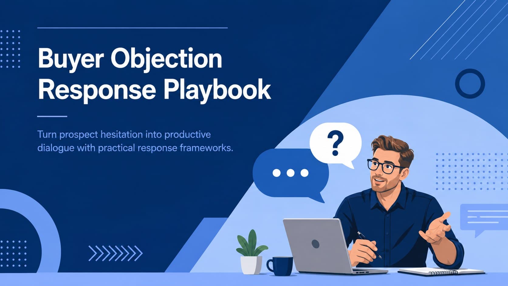 Bold blue cover for a Buyer Objection Response Playbook with an original sales conversation illustration.