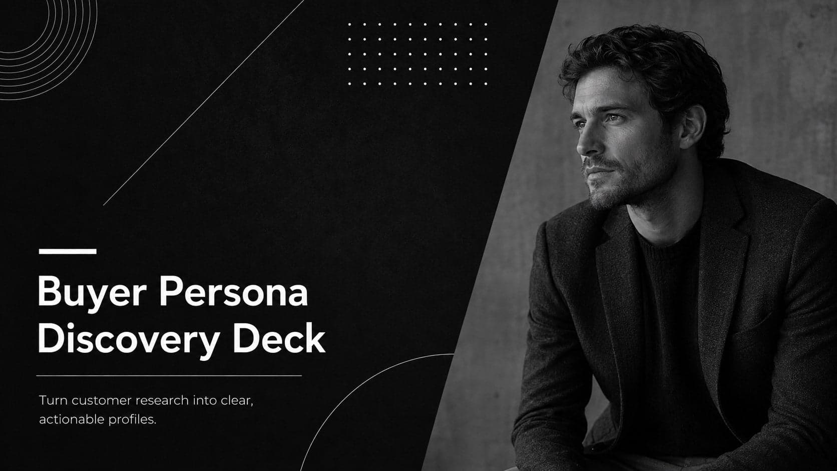 Black and white cover for a Buyer Persona Discovery Deck with an original professional portrait and elegant linear accents.