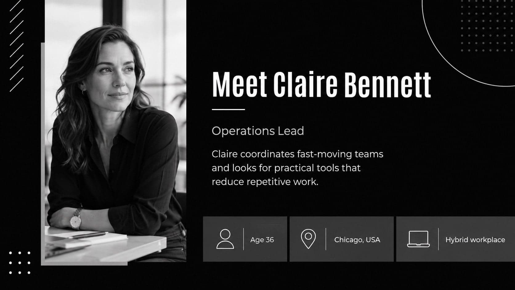 Elegant customer profile slide introducing a primary buyer persona with a portrait, role, location, and concise biography.