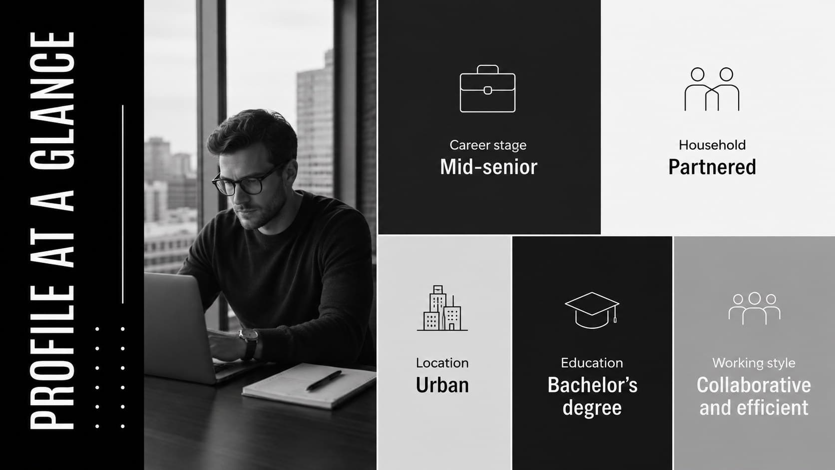 Buyer persona demographic overview showing career stage, household, location, education, and working style.