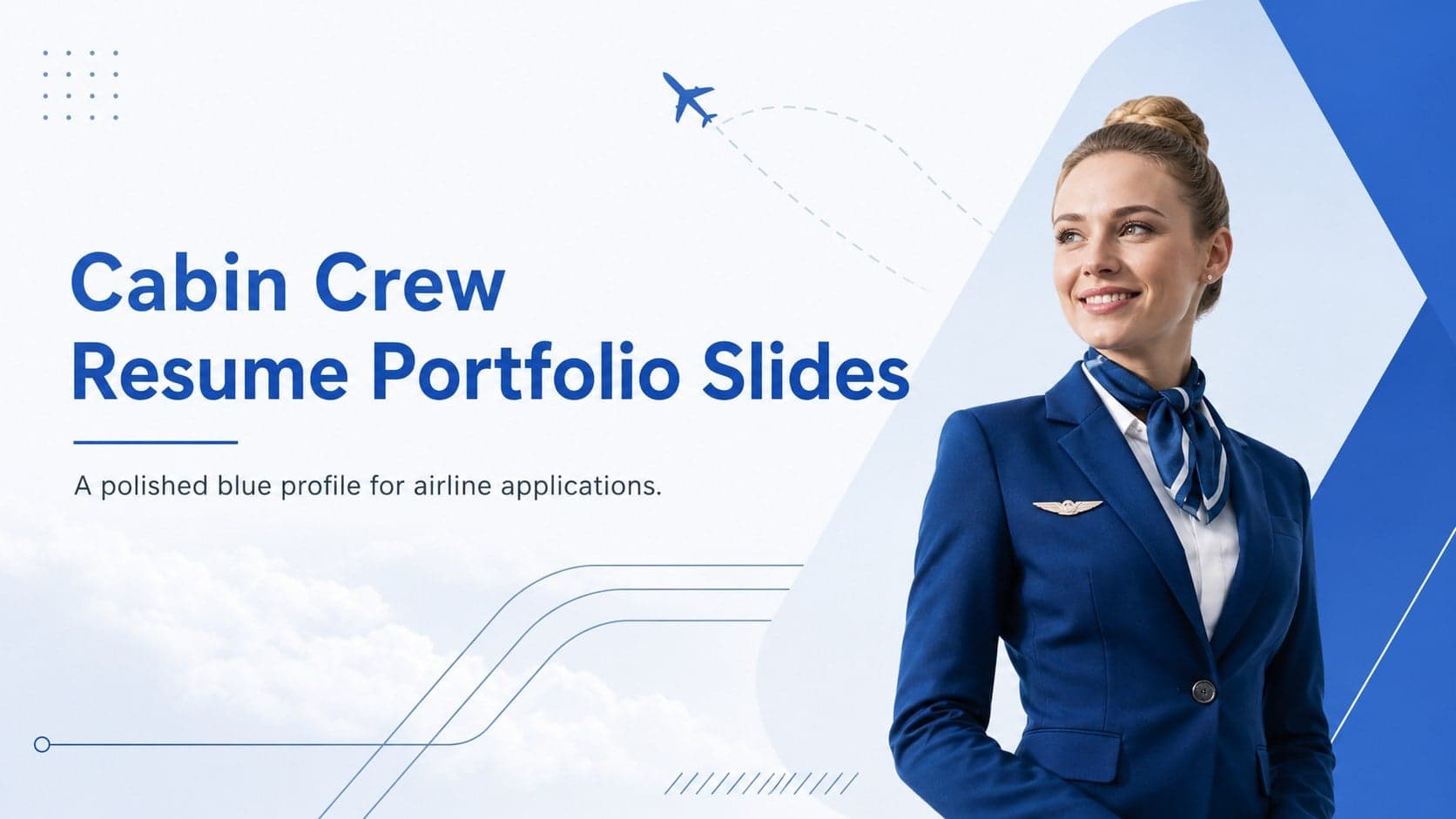 Cover for Cabin Crew Resume Portfolio Slides featuring a clean blue aviation career profile layout.