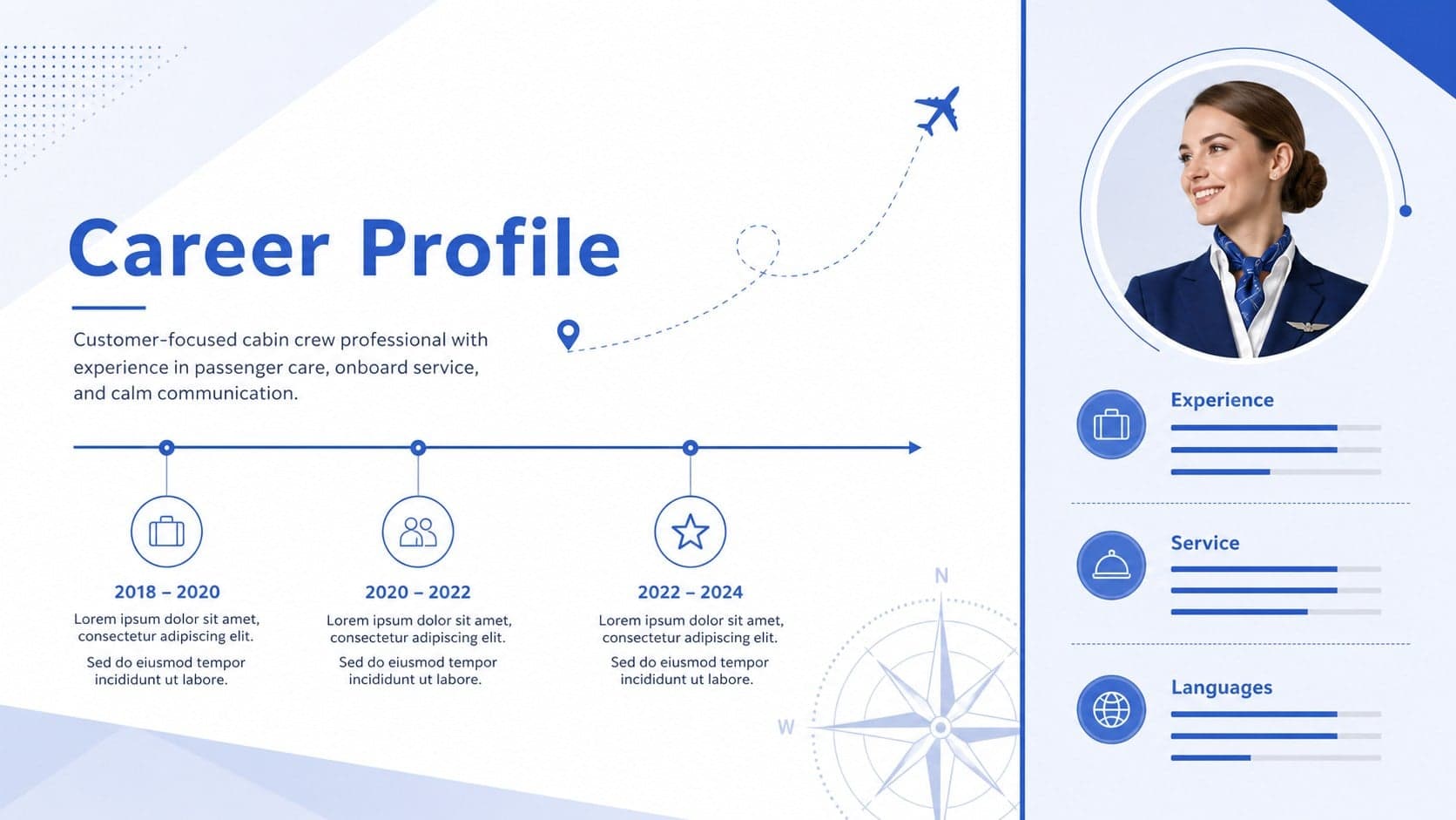 Cabin crew career profile slide presenting airline experience and professional service strengths.