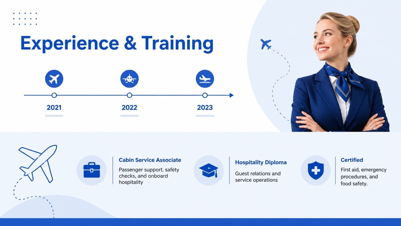 Editable cabin crew CV slide with employment history, education, and aviation training sections.