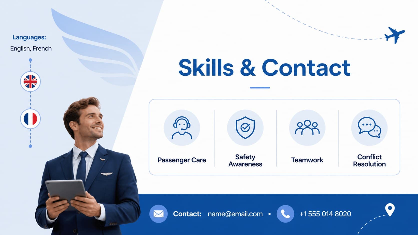 Airline job application presentation slide highlighting cabin crew skills, languages, and contact details.