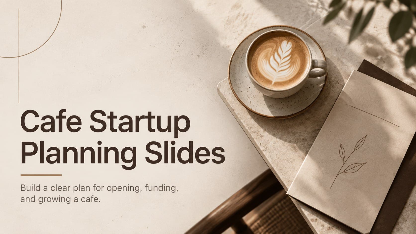 Cover for Cafe Startup Planning Slides with elegant coffee imagery in a refined beige and brown layout.
