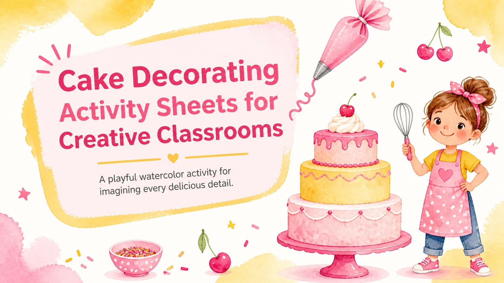 Watercolor cover for Cake Decorating Activity Sheets with a cheerful illustrated cake in pink, yellow, and white.