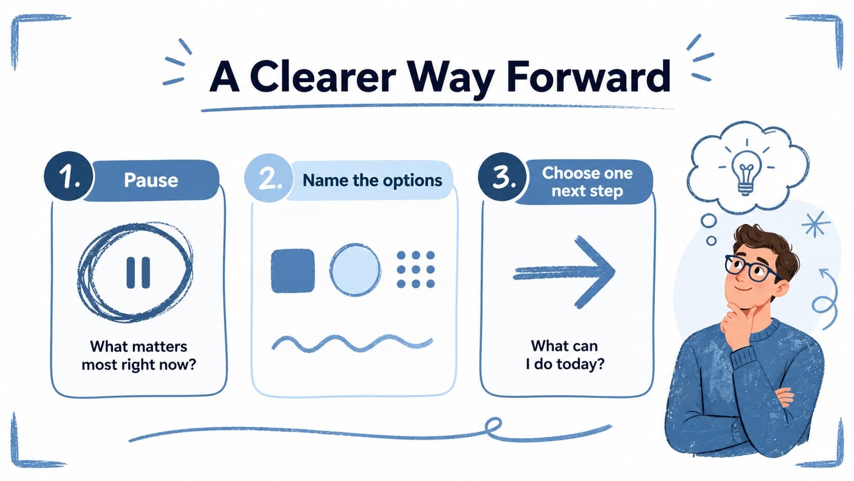 Editable blue decision pathway infographic showing pause, sort, and choose steps for a wellness workshop.