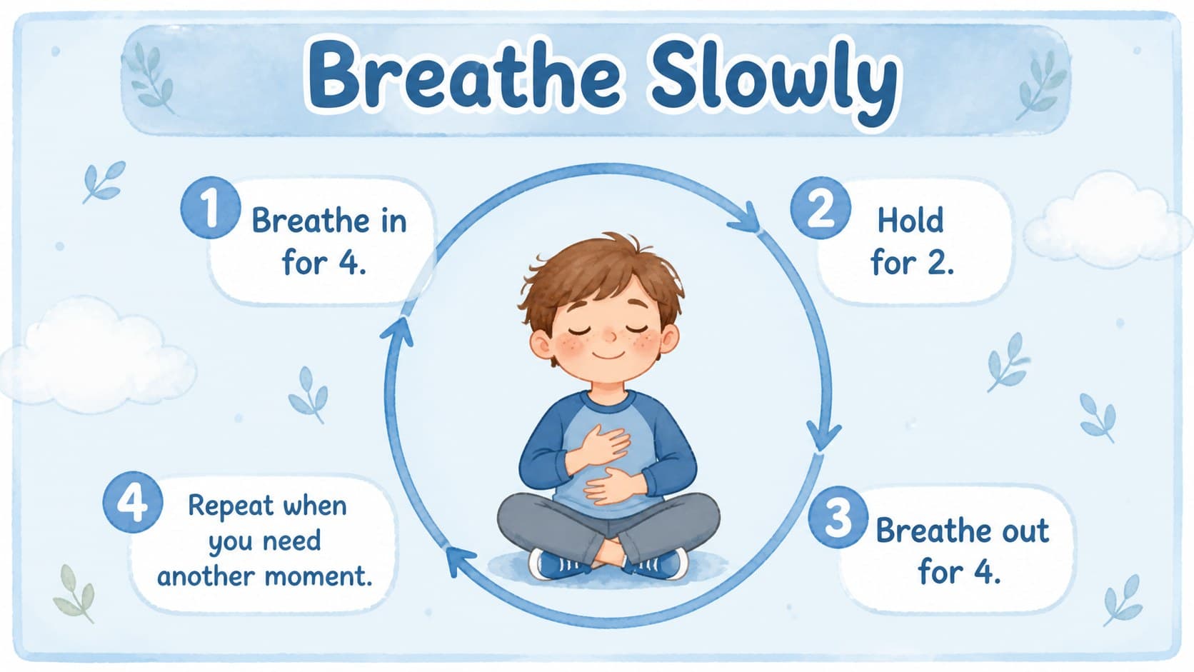 Classroom breathing exercise poster with a simple four-step routine in a soft blue illustrated layout.