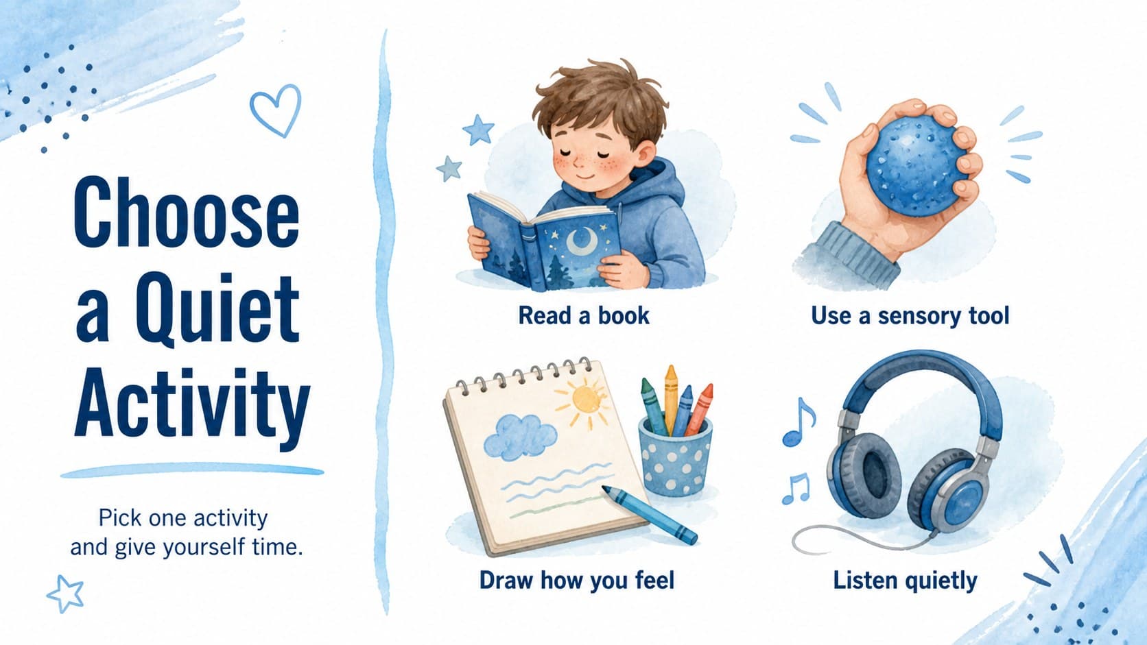 Mindfulness corner poster presenting four quiet activity choices for elementary students.