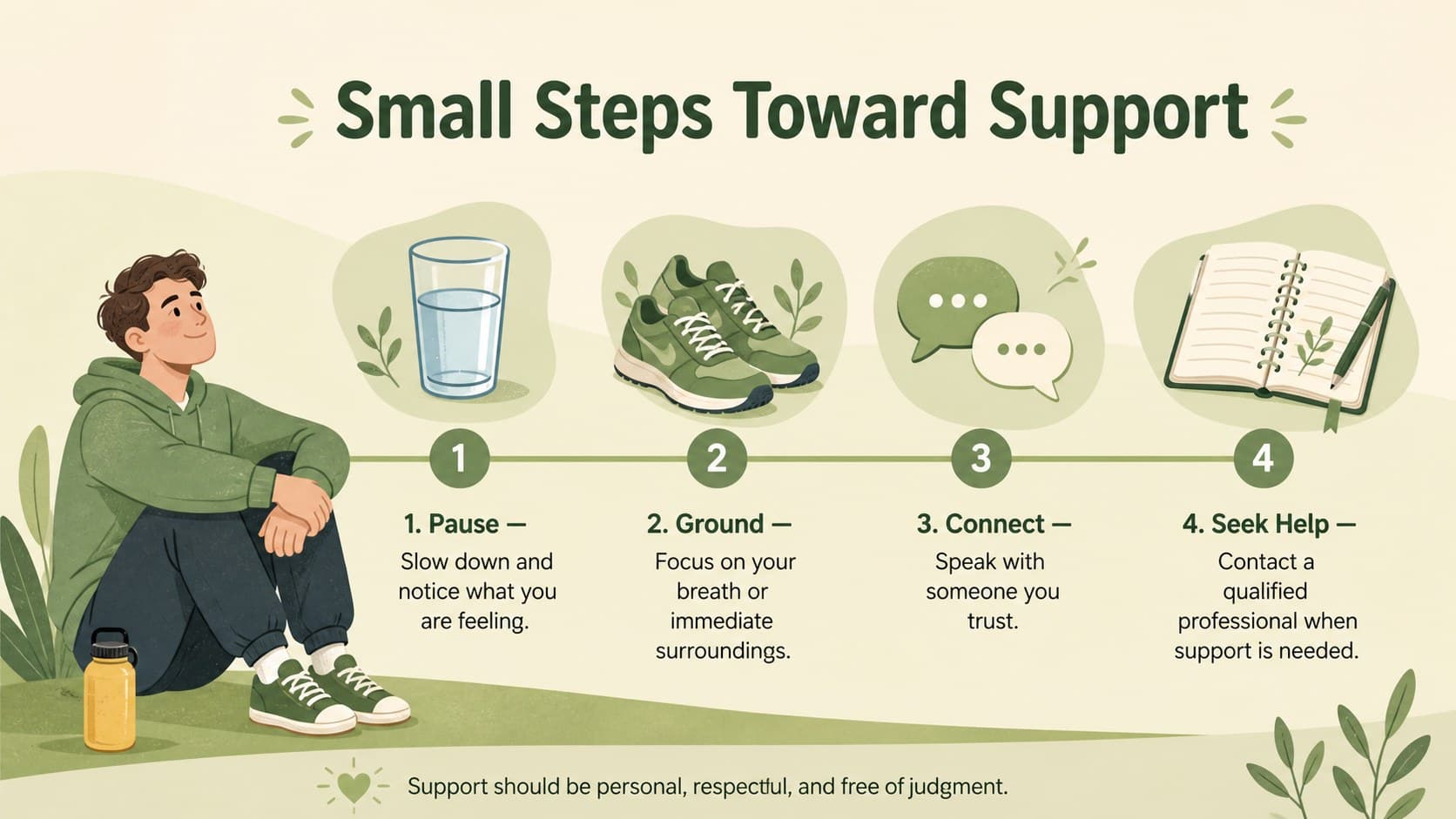 Anxiety education visual guide slide presenting practical coping and support strategies.