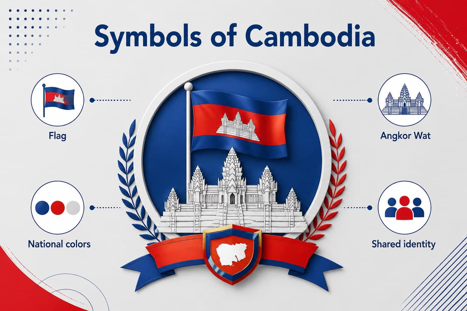 National symbols slide presenting Cambodian identity through illustrated blue, grey, and red panels.
