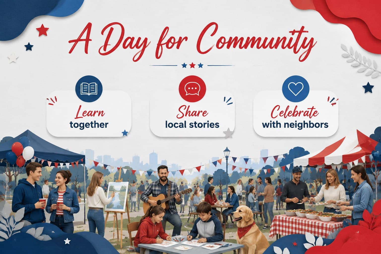 Community celebration slide showing illustrated activities for Cambodia Independence Day.