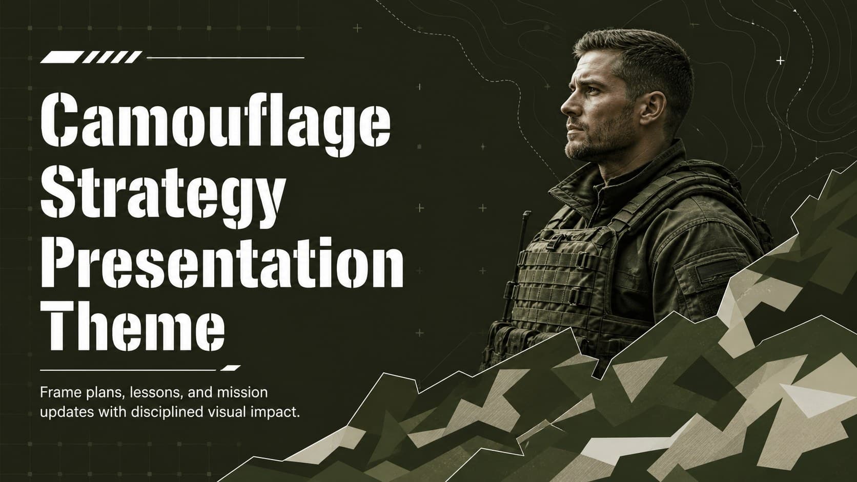 Cover of a Camouflage Strategy Presentation Theme with bold green-and-white typography and an abstract tactical pattern.