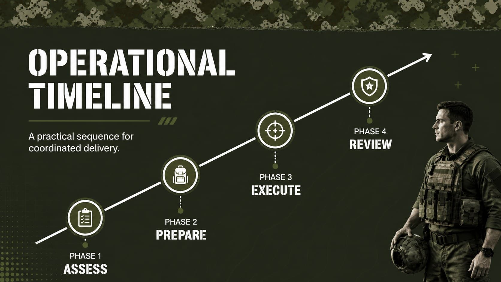 Camouflage planning slide with a four-phase operational timeline from assessment through review.