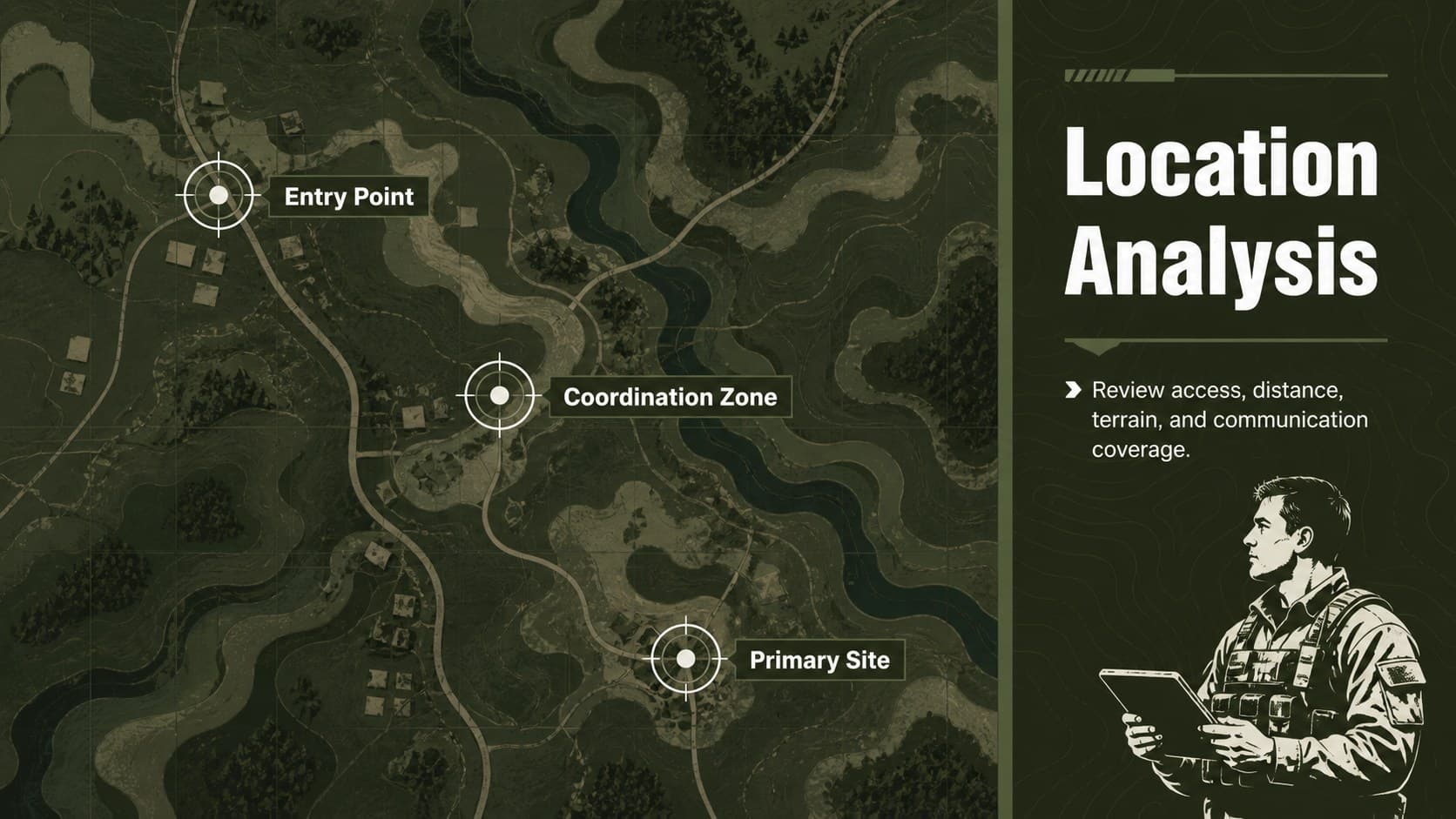 Tactical briefing Google Slides layout with a stylized terrain map, checkpoints, and route annotations.